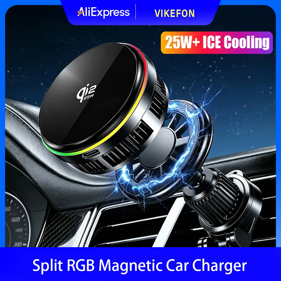 QI2 Ice Cooling Tempered Glass RGB Magnetic Wireless Car Charger Fast Charging Radiator For Magsafe iPhone 12-16 Phone Holder