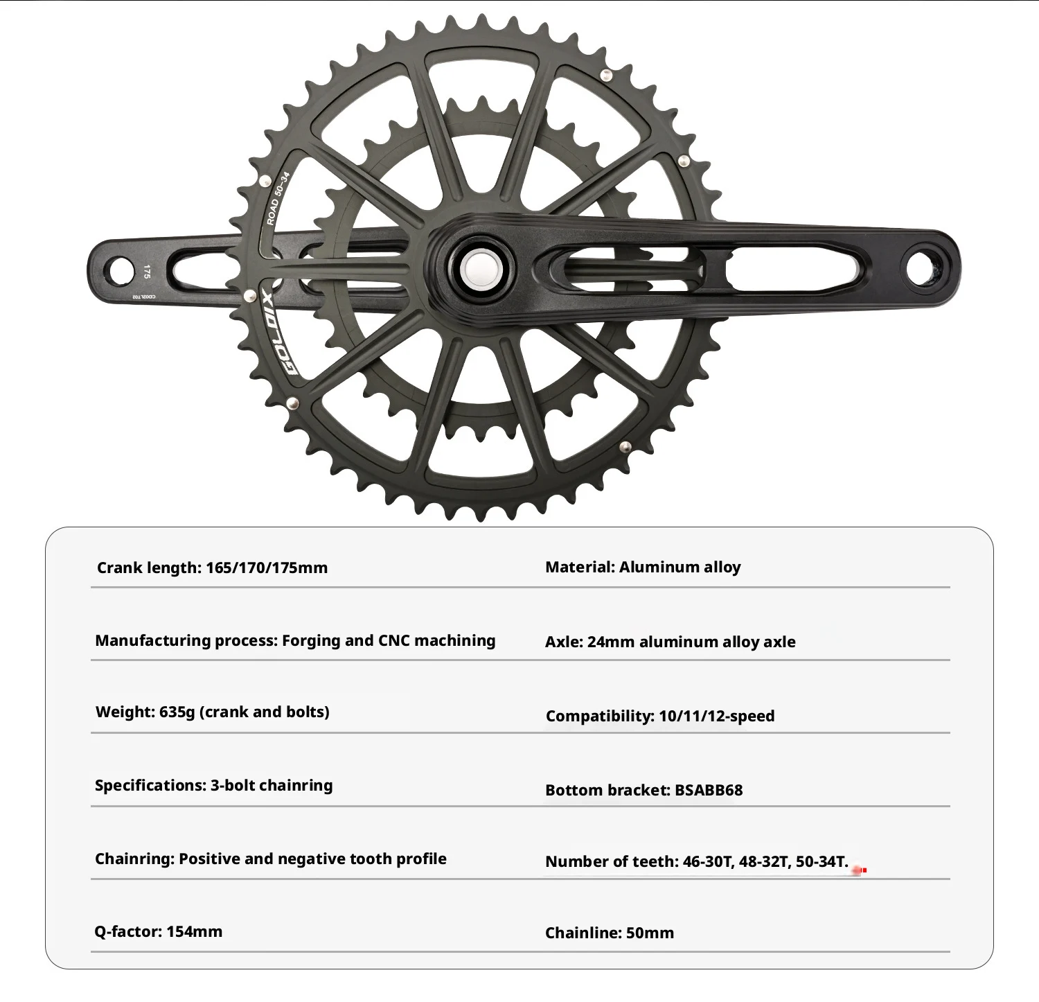 Ultralight Road Bike Crankset 48-32T/50-34T/52-36T/53-39T for 3 Bolt Double Chainring 165/170/175mm Length Hollow Bicycle Crank