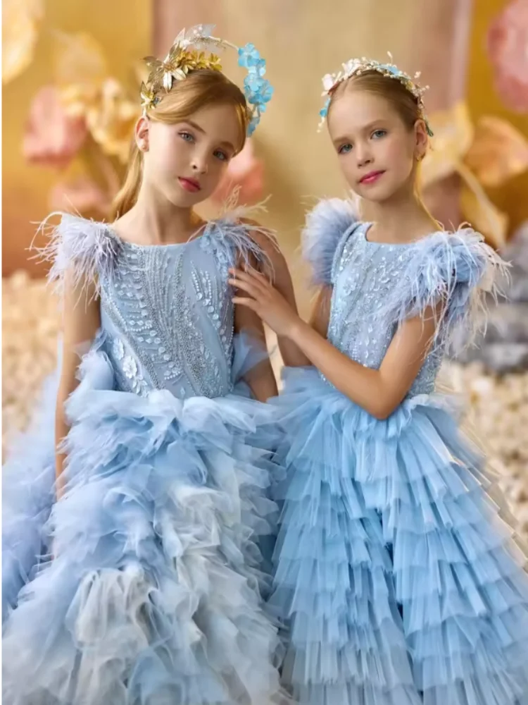 فساتين فتاة الزهور لحفلات الزفاف ذات طبقات مزينة بالريش الرائع للأطفال والمناسبات الرسمية والحفلات المسائية حسب الطلب #1