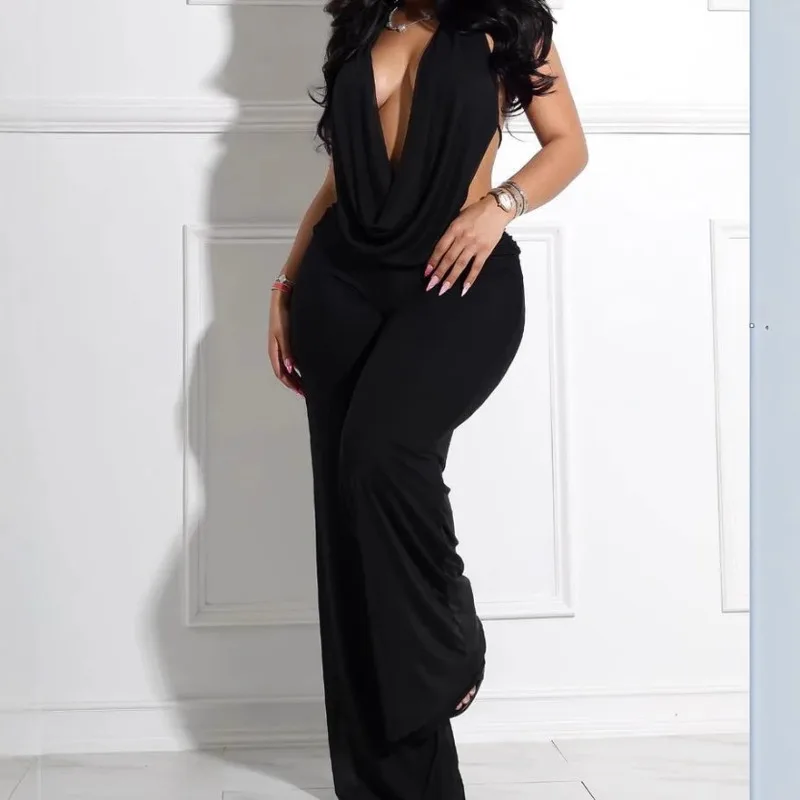 

Women Solid Casual Suits 2 Piece Set Swinging Collar Lace Up Halter Backless Tank Tops + Ruched High Waist Wide Leg Pants