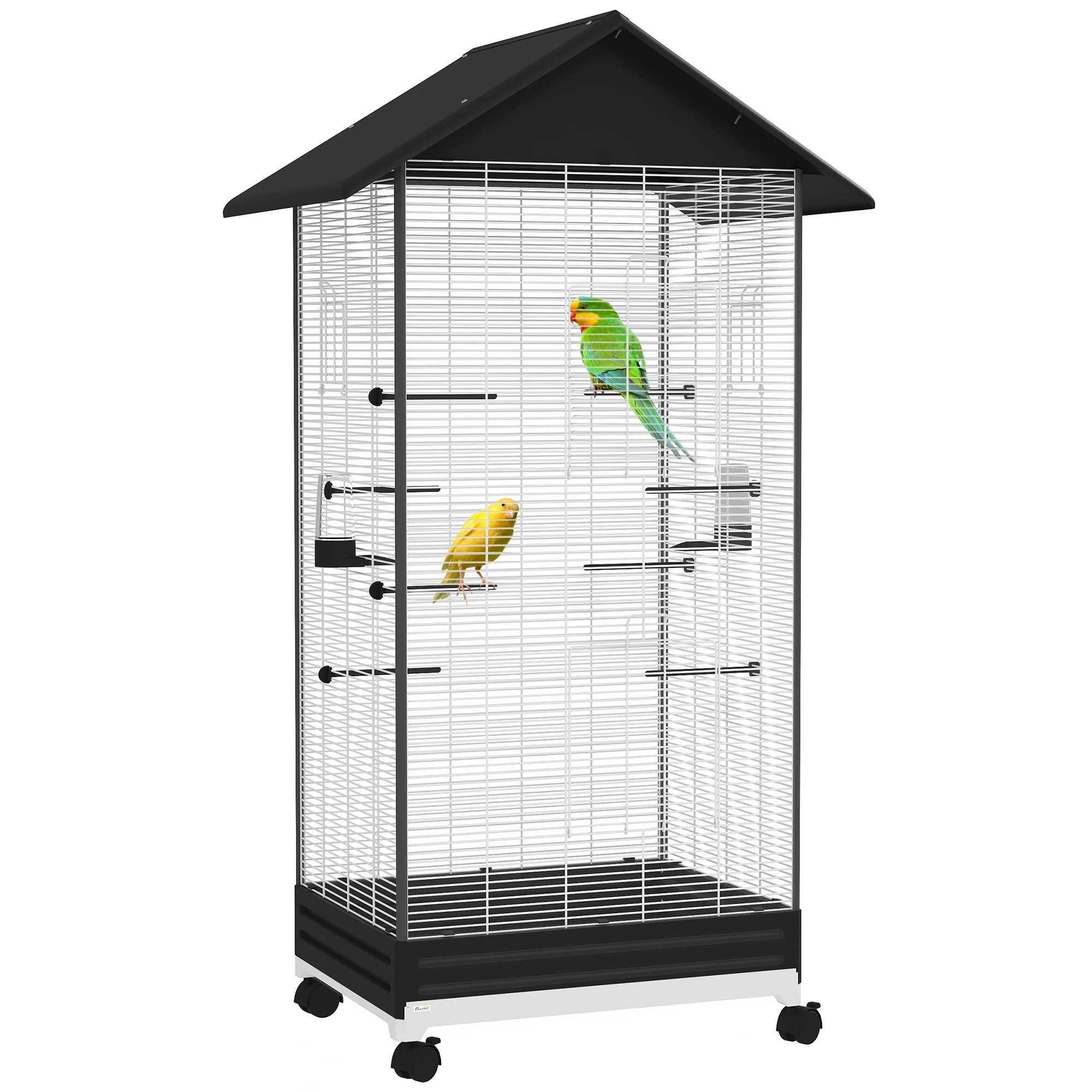 PawHut Jaula para Pájaros con Ruedas Pajarera Metálica con Bandeja Extraíble 4 Puertas 2 Comedores 8 Perchas para Canarios Periquitos 79x65x155 cm Negro
