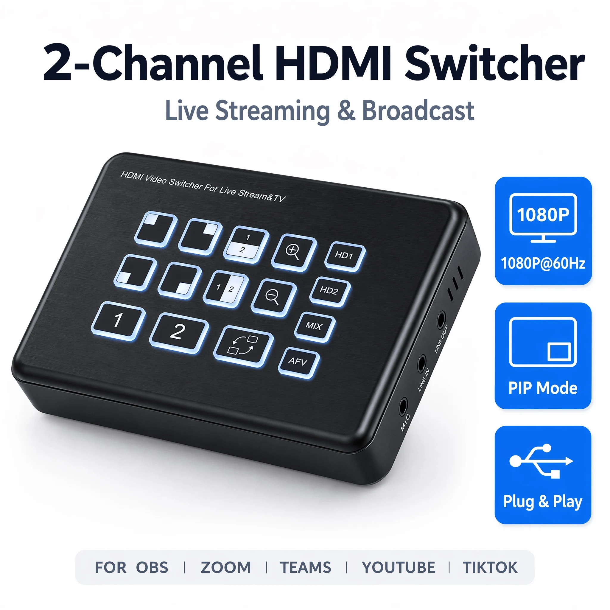 2 Channel HDMI Video Switcher 1080P 60Hz PIP Picture-in-Picture Audio Mixer UVC Capture Card Type-C Live Stream Switcher