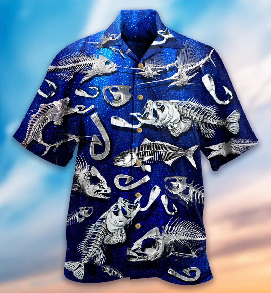 Camisas hawaianas con estampado de fósil de pescado para hombre, Tops informales de vacaciones de verano, cuello cubano, talla estadounidense, novedad