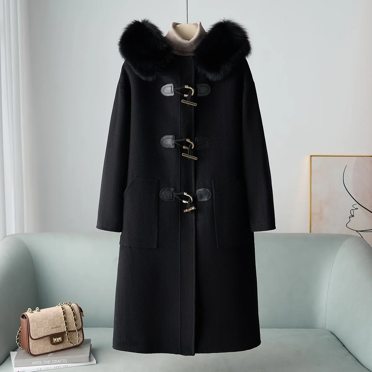جديد خريف 2025 معطف صوفي 100% متعدد الاستخدامات من فرو الثعلب بقلنسوة طويل على الوجهين للنساء