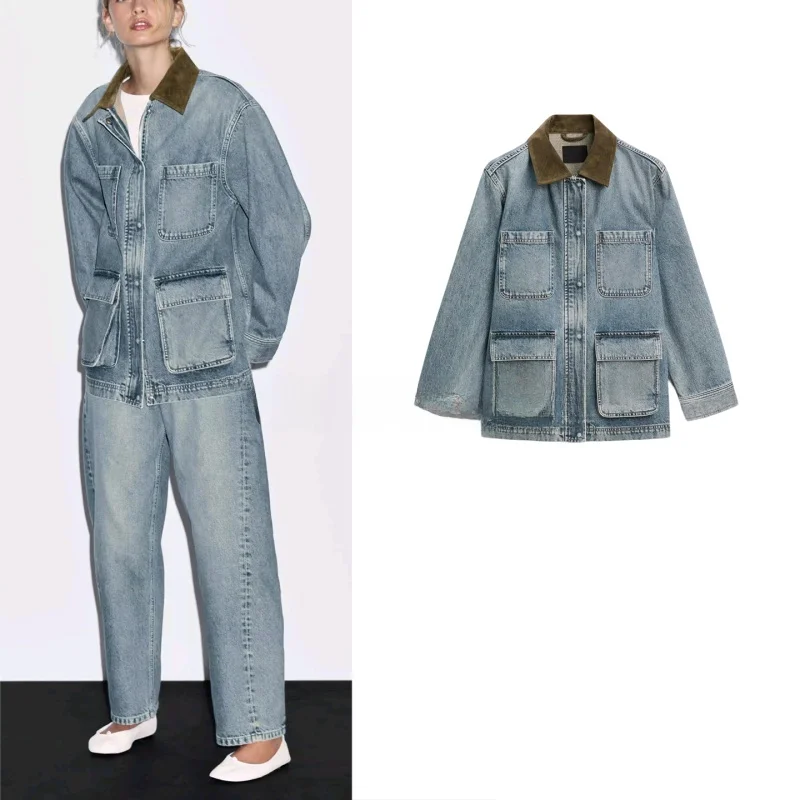 

Winter New Women's Casual Workwear Sle Long Sve Stand Collar Patchwork Denim Jaet Stand Fit Button Closure Polyeste...