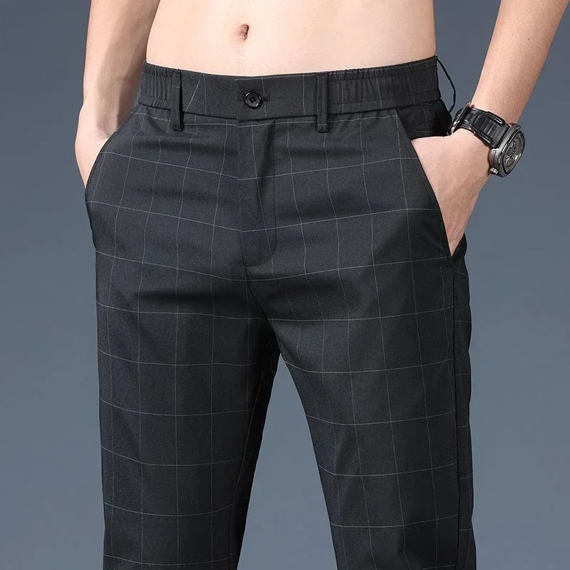 

Мужские новые летние тонкие повседневные клетчатые брюки Мужские облегающие удобные прямые брюки Модные однотонные мягкие черные серые брюки