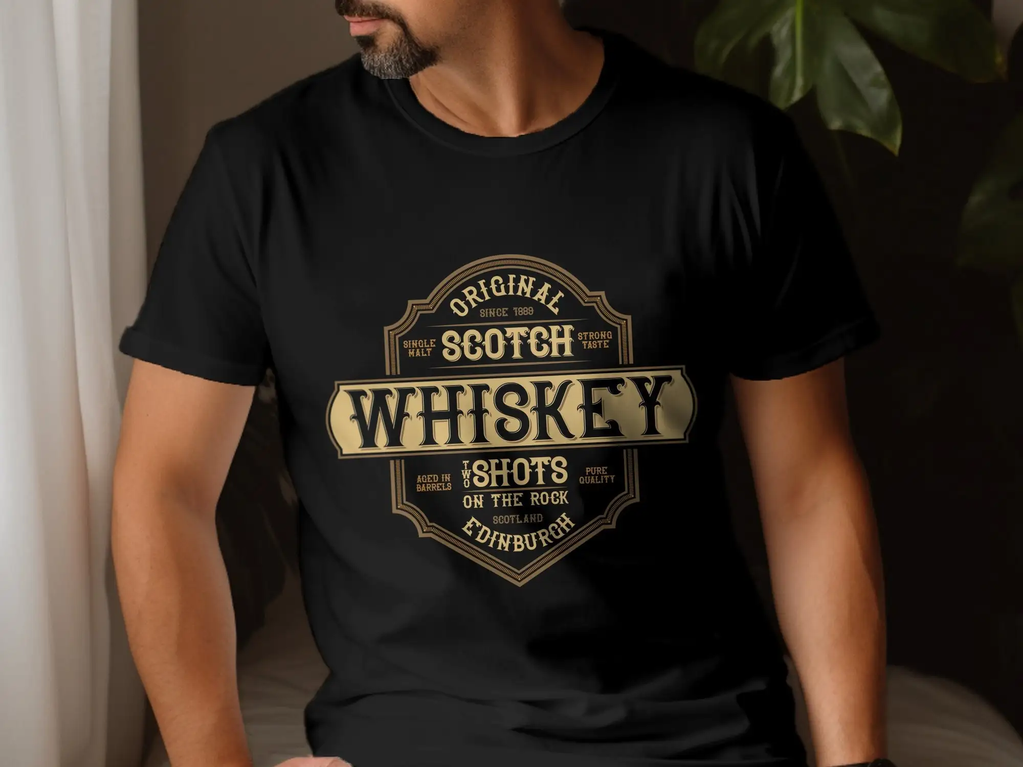 Vintage Whiskey Label T Shirt Original Single Malt Scotch Design Aged in Barrels Edinburgh Scotland Memorabilia