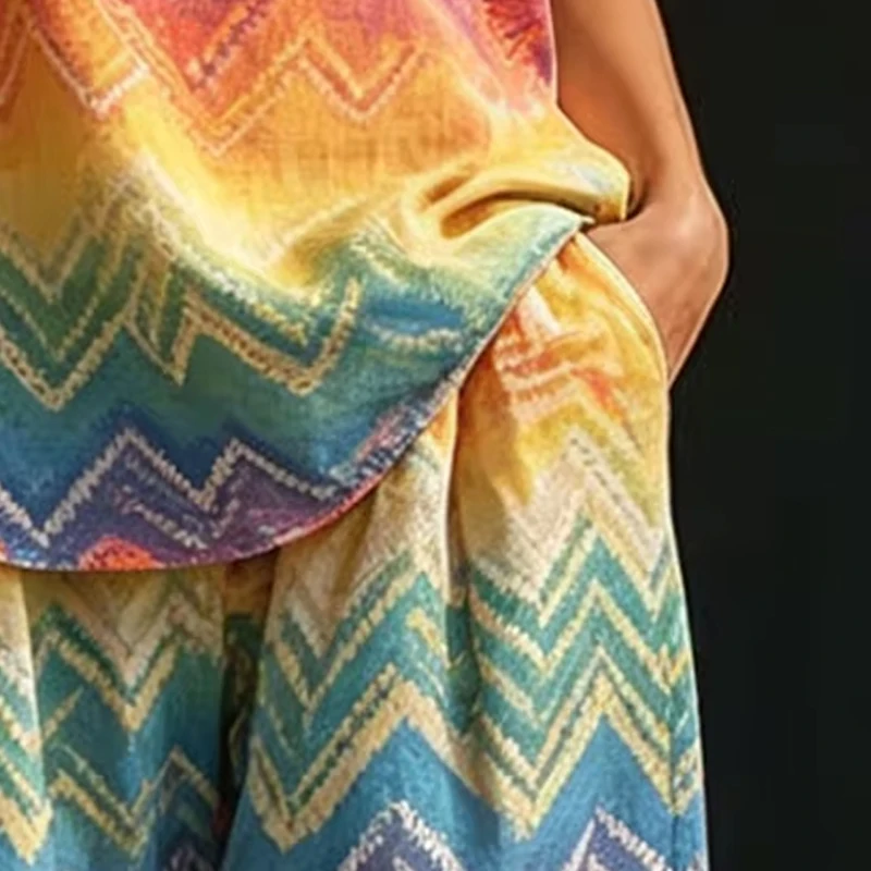 

Women’s Boho Chic Matching Set Halter Neck Tank Top With Long Flowing Pants Set Colorful Geometric Stripe Print Summer Outfit