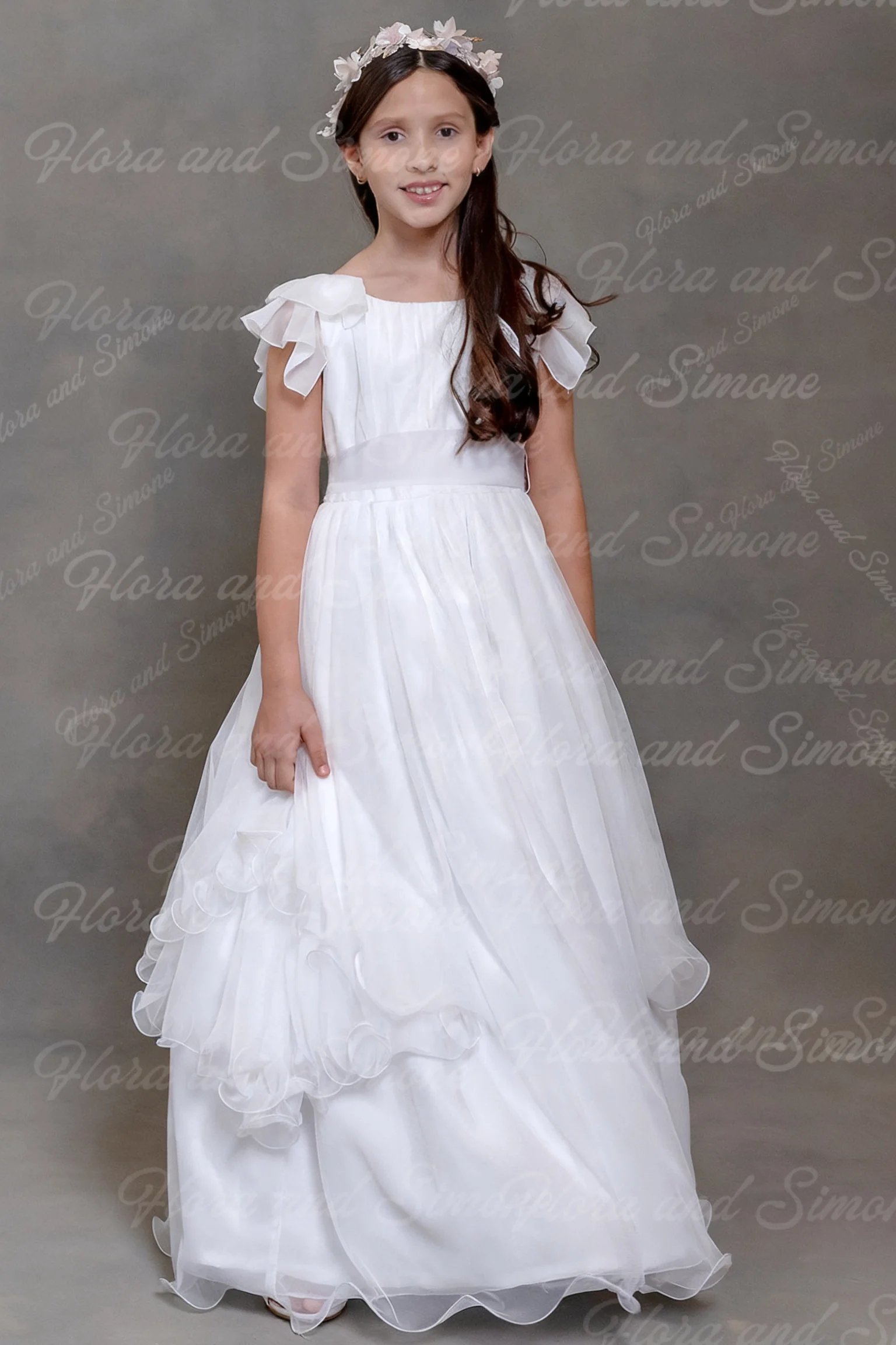 فستان فتاة الزهور من الساتان المكشكش بدون ظهر بأكمام قصيرة مخصص لحفلات المعمودية وحفلات الزفاف وحفلات الزفاف