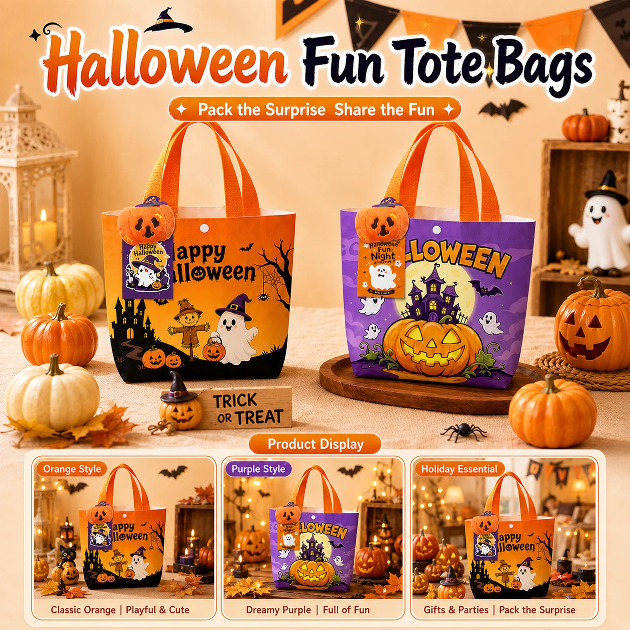 Reusable Tote Bag Non Woven Holiday Gift Bag Canvas Shopping Bag Festive For Daily Short Shopping Gift Wrapping Halloween