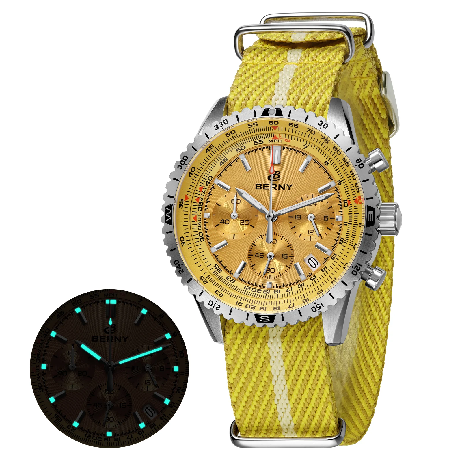 

BERNY Chronograph Watches for Men Super Luminous Aviation Pilot Multifunction Quartz Men's Watch Date Sapphire Nylon Strap