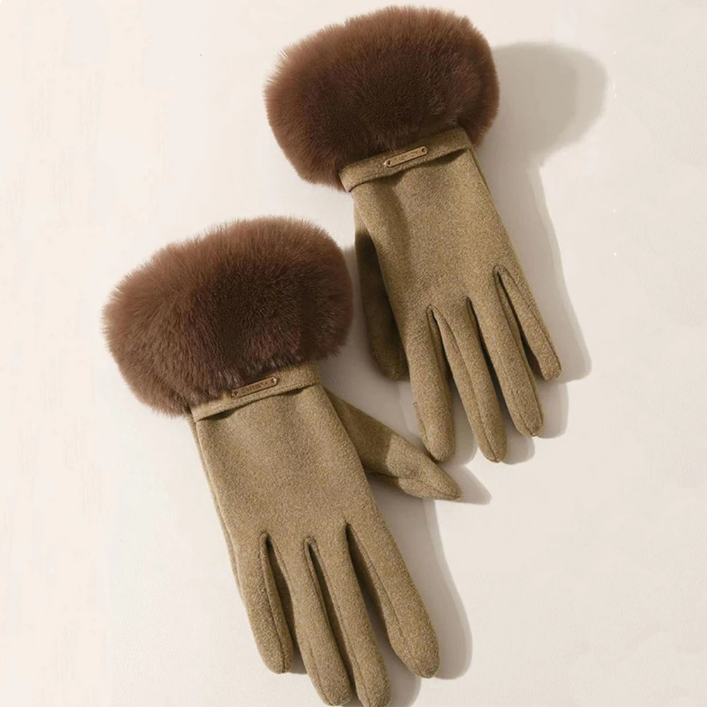 قفازات نسائية شتوية دافئة مخملية قفازات معصم قطيفة من جلد الغزال قفازات أصابع مقسمة مقاومة للرياح والبرودة قفازات سميكة تعمل باللمس