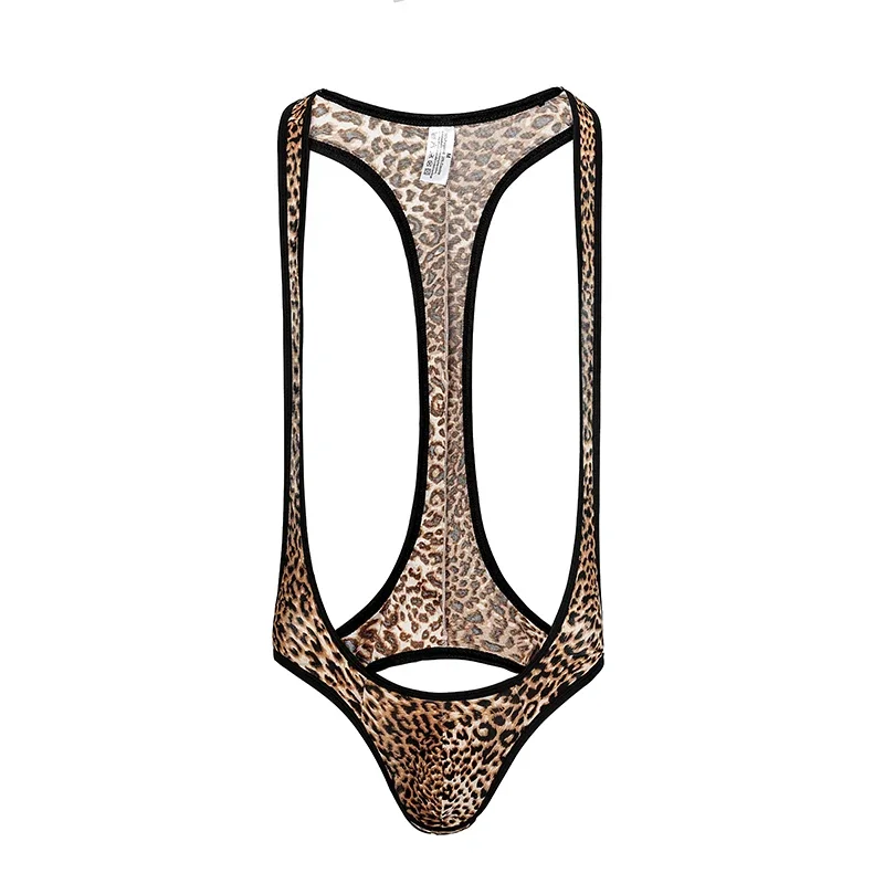 مثير الرجال نيسيس ليوبارد مثير منامة مفتوحة بعقب ارتداءها Lungewear طقم داخلي للجسم رجل بذلة المصارعة المشكل مثلي الجنس بذلة