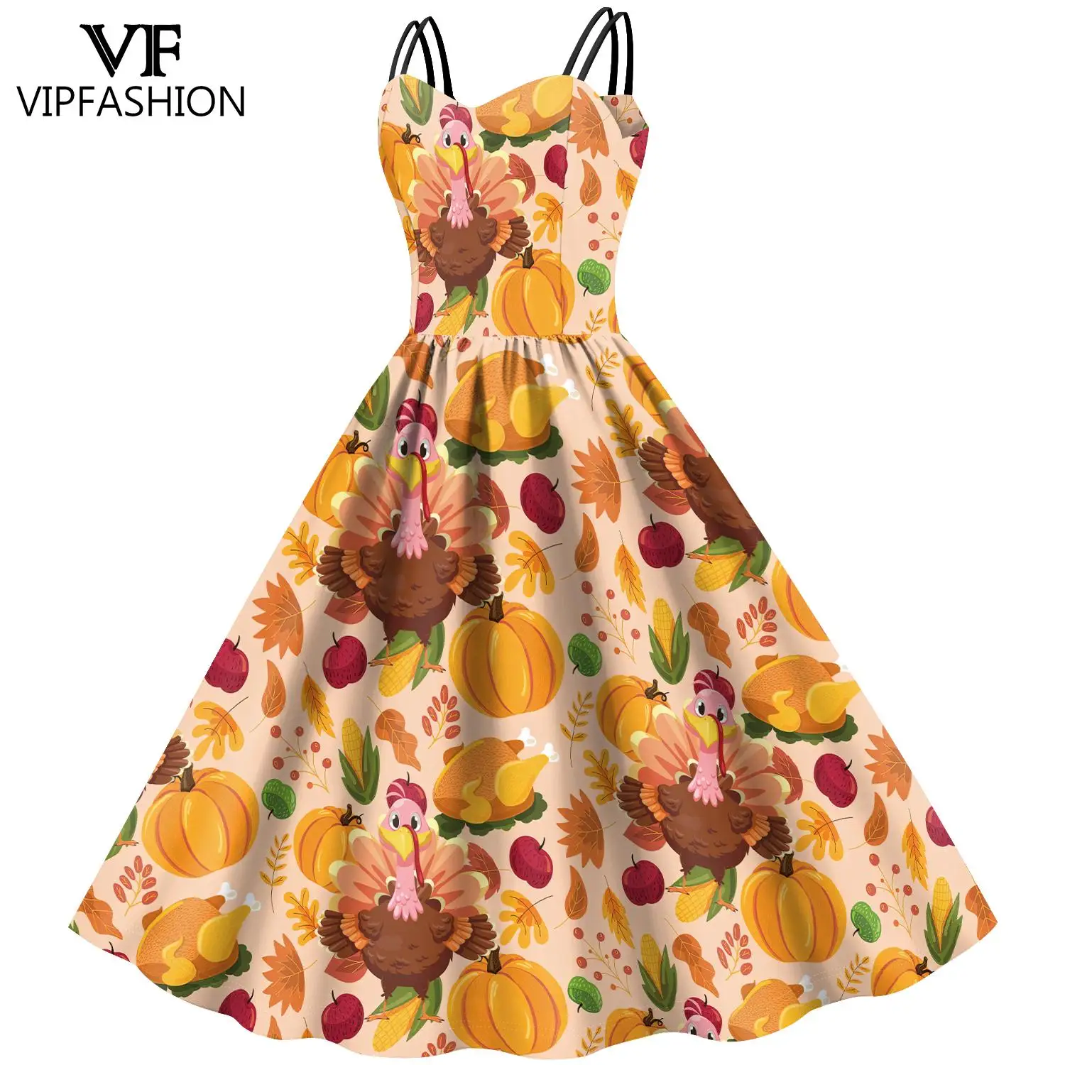 VIP FASHION Thanksgiving Day Women Dress Sleeveless Slip Dresses Turkey Print Party Outfit Holiday Cosplay Costume Sexy Clothes