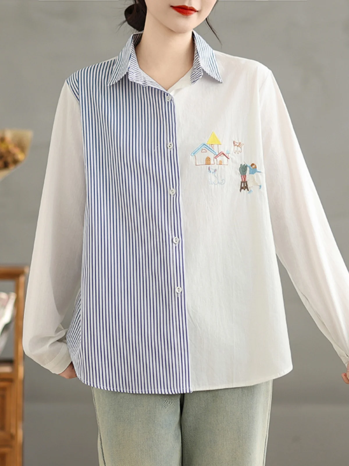 

Ele Embroidered Striped Patchwork Loose Age-Defng Women's irt Button Design Commute Sle Pear Hourglass Body pe
