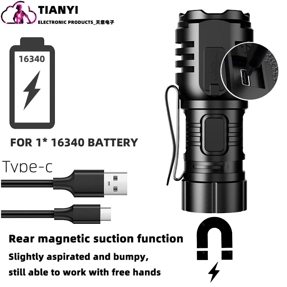 Small mini portable long-range ultra bright flashlight lighting four eye charging Type-C 16340 flashlight small steel cannon