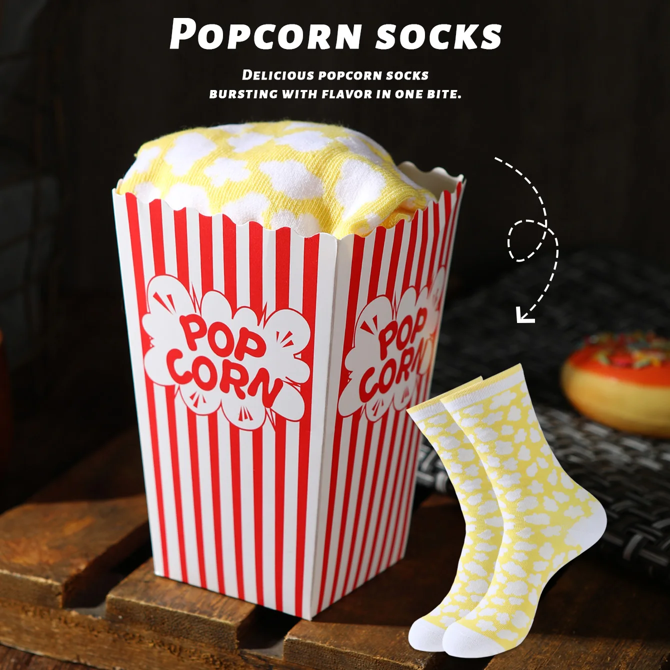 1 Pair of Unisex Mid-Calf Socks, Novelty and Fun Popcorn Gift Box Socks, Creative Socks, Fashionable Style, Comfortable and Breathable, Suitable for Parties, Casual Wear, Valentine's Day, Halloween, Birthdays, Christmas, New Year, Thanksgiving, Autumn and Winter, All-Season Styles, Creative Gift Box