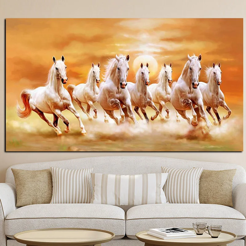 Pintura de Siete Caballos Blancos Corriendo, Arte en Lienzo, Pósteres y Cuadros Dorados, Arte Moderno para Decoración de Paredes de Sala de Estar