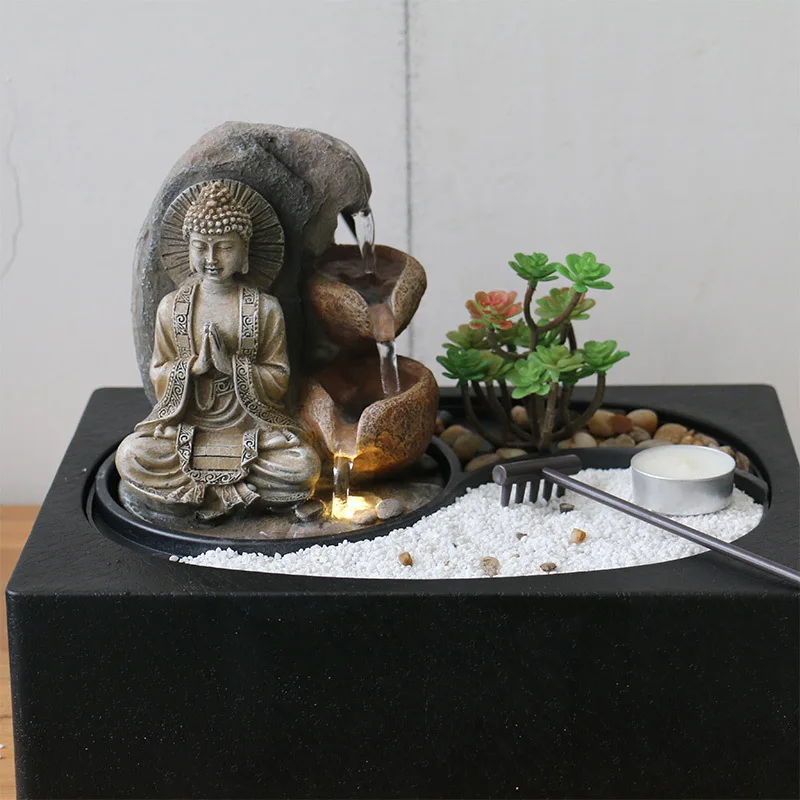 Zen Desktop LED Waterfall Fountain Buddha Statue Lucky Feng Shui Decoration Indoor Relaxation Meditation Sand Garden Kit Feature