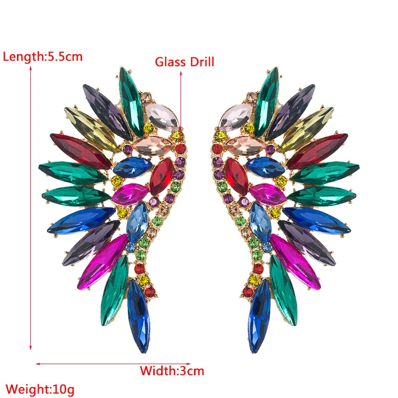 Luxury And Exaggerated Fan-shaped Bohemian Style Earrings, Alloy Wings, Colorful Rhinestone Earrings, Trendy Earrings