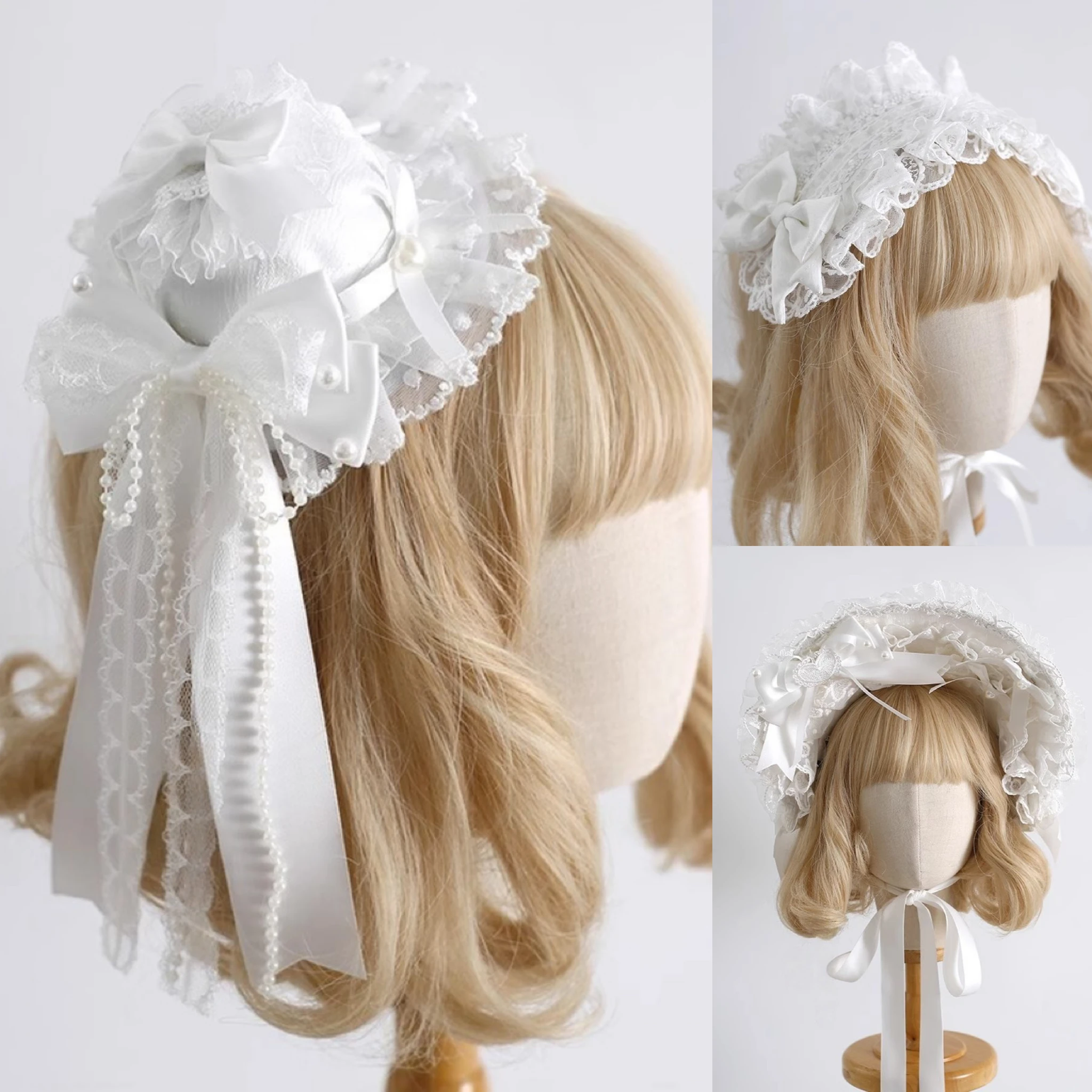 

Original Handmade Doll White Vintage Small Top Hat Lolita Lace Bow Headband Women Sweet KC Bonnet Hat Accessories