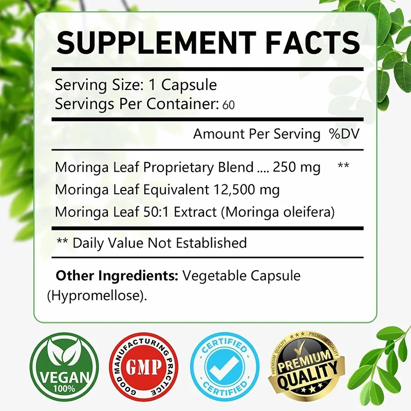 Pure Moringa Oil Leaf Powder Supplement, Rich in Non Antioxidant Minerals and Vitamins, Non GMO, 60 Vegetable Capsules