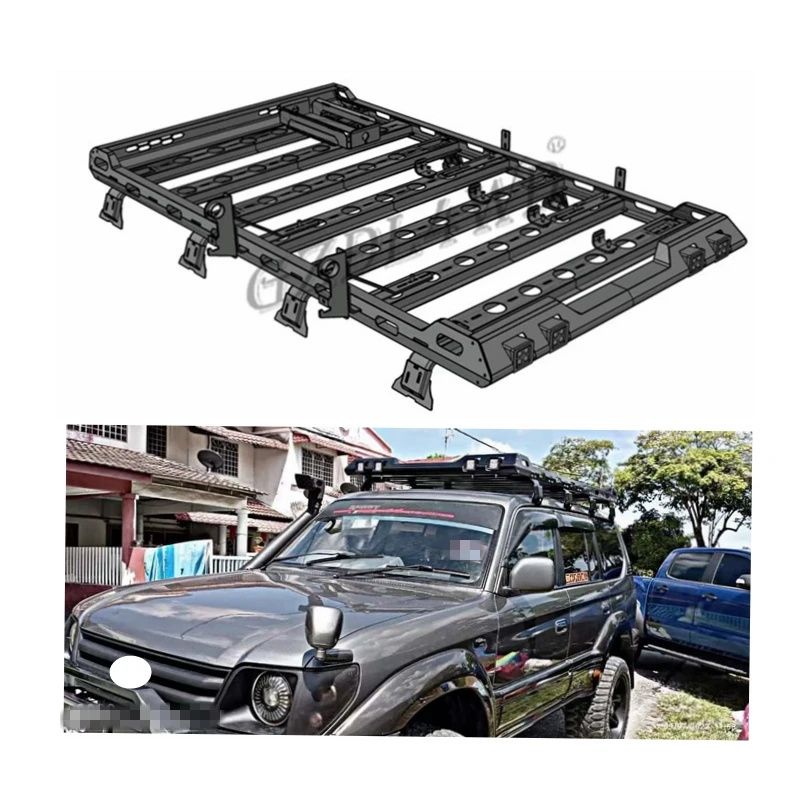 Universal Steel Roof Rack LED Lights Powder Coating Black 100kg+ Capacity for Land Cruiser 70/80/90/100 Series Patrol Y60/Y61