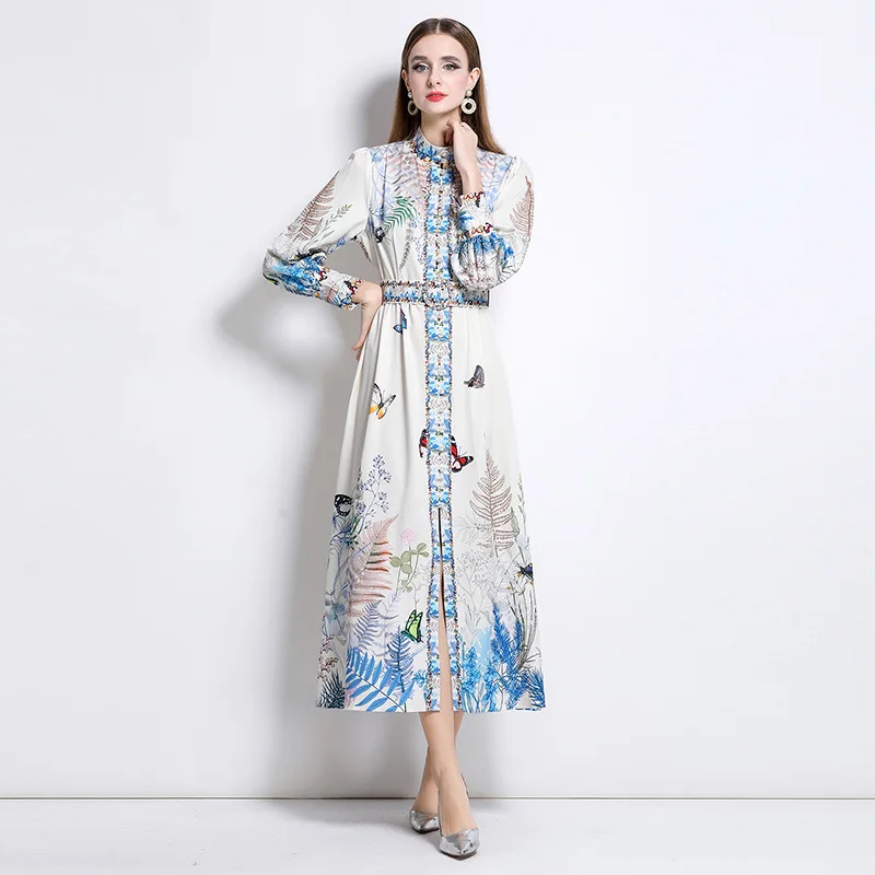 Faionable Court Sle Stampato Dr Stand Colletto abbottonato Gonna longuette lunga Sve Tessuto in poliestere Bubble Sve Gonna a trapezio