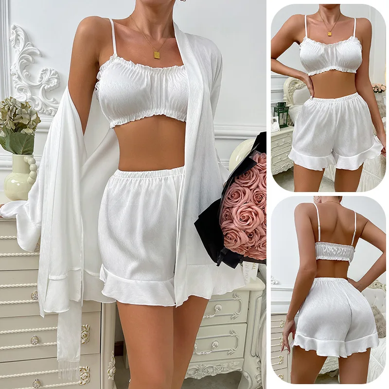 

Sexy Tee Piece Spwear Set with Strapl Crop Top High Waist orts And Open Cardigan Home Clothes for Women