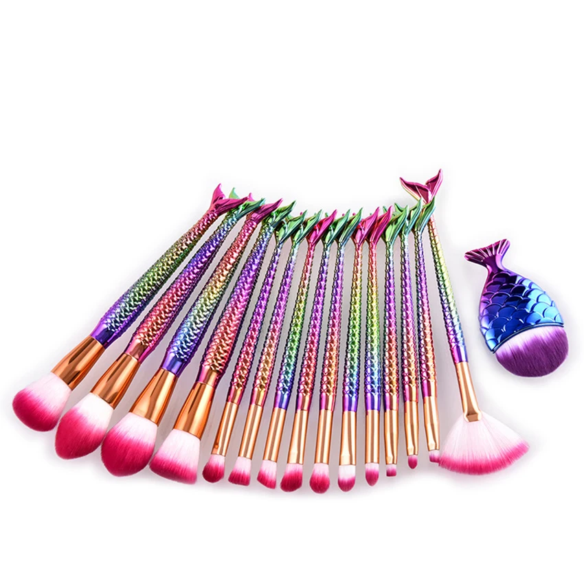 SAIANTTH 15pcs 16pcs Mermaid makeup brushes set fish tail small fat fish combination Gradient colorful fan concealer eyeshadow