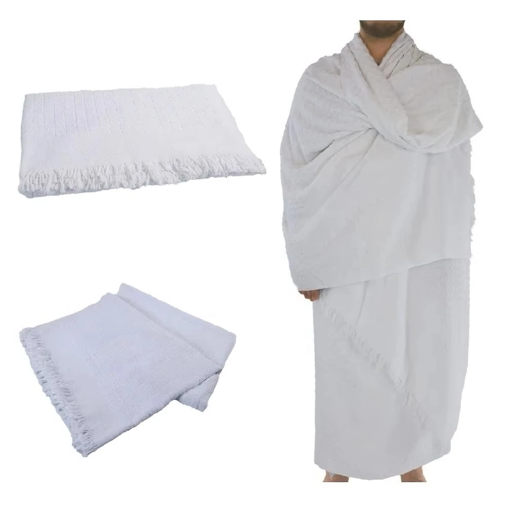 Islamic Ihram Polyster Ahram Clothing Hajj Umrah 2 Piece White Towel Pilgrimage Worship Prayer Outfit Traditional Muslim Men Set