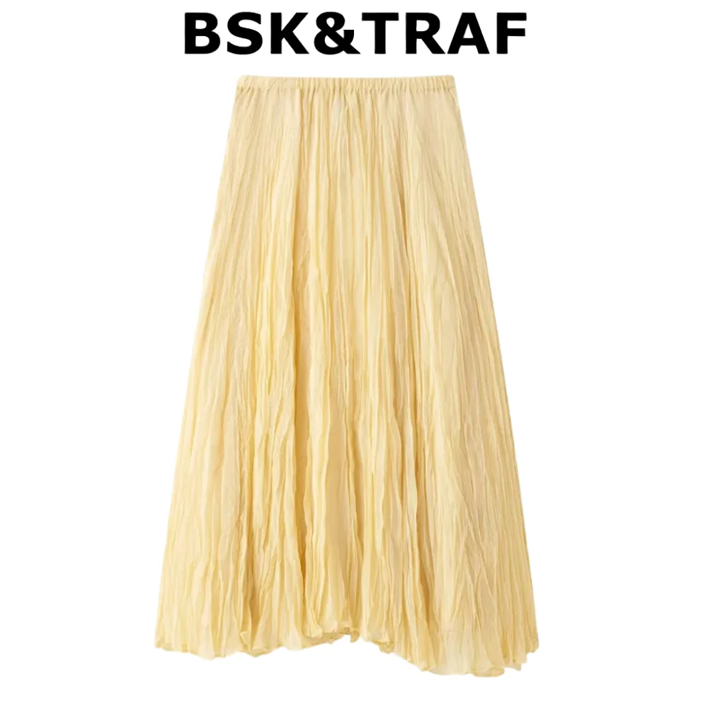 BSK&TRAF Timelessly Sophisticatedly Elegantly Delicately Gracefully Feminine Women's Airy Soft Light Yellow Pleated Midi Skirt