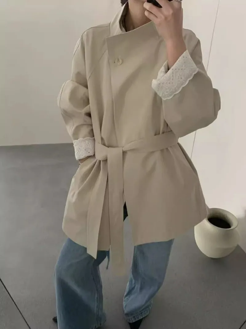 

2026, весна-осень, новый модный топ с кружевными краями, женский средний и длинный плащ на одной пуговице, иностранное универсальное пальто в британском стиле