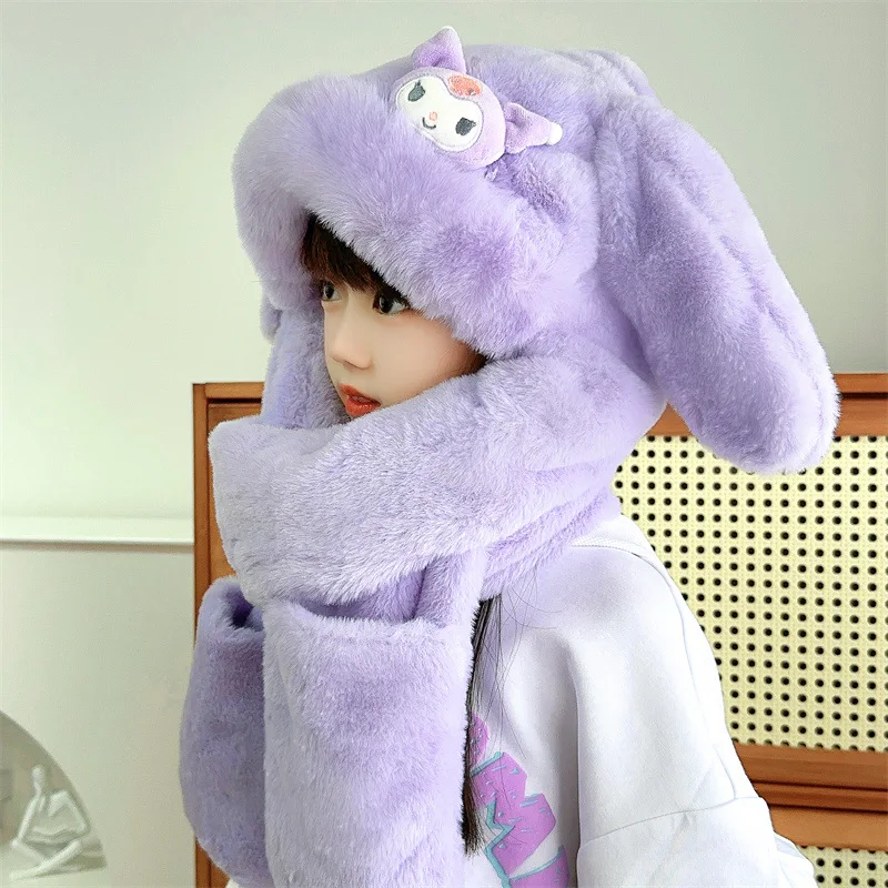 New Sanrio Kuromi Anime Kawaii Lovely Doll Soft Ears Move Children Hats Cute Cartoon Scarf Gloves Thickened Warm Girl Gifts Toys