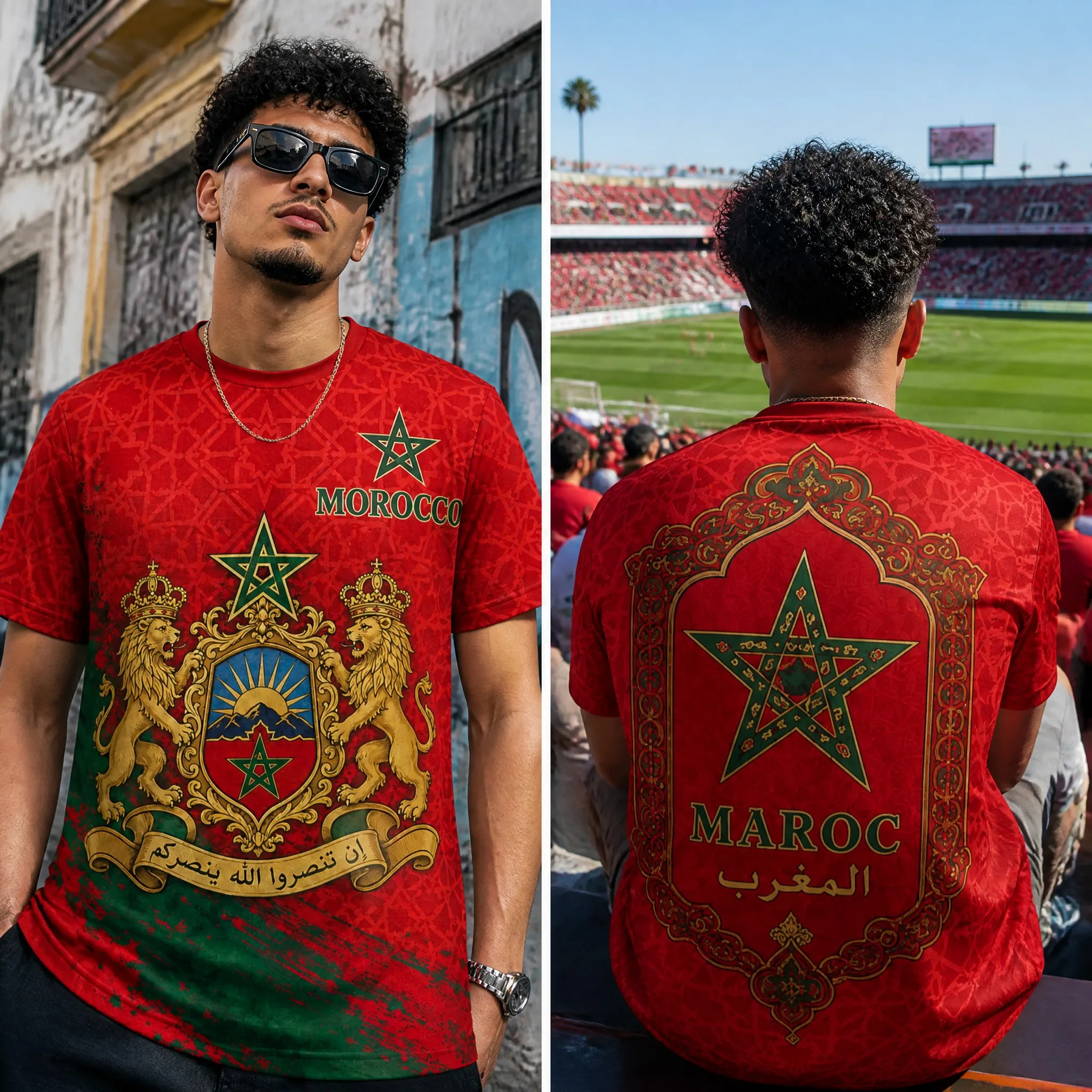 Morocco Mens Graphic T Shirt Short Sleeve Fan Tee with Star Map Front Back Crest Stadium Streetwear Casual Sports Top Outfit Fit