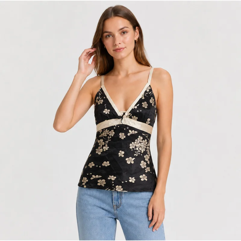 Summer Women's Floral Cami Top Y2K Vintage Tank Top V Neck Sleeveless Blouse Slim Fit Casual Streetwear Sexy Summer Fashion