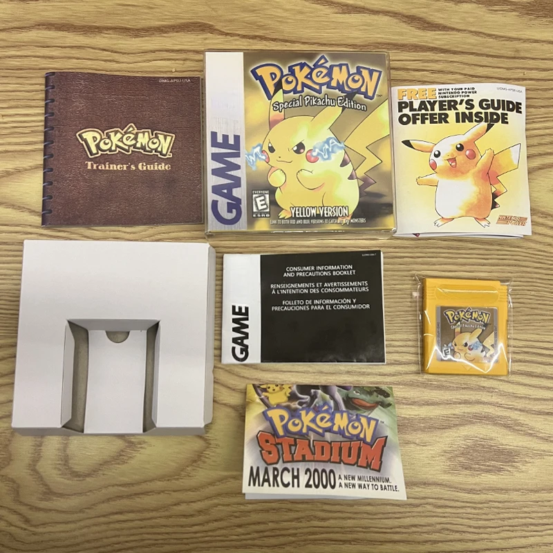 

Pokemon Yellow GBC Game in Box for 16 Bit High Quality Shell Video Game Cartridge Trainers Guide with Manuals Fan Made