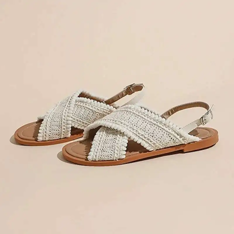 

Сандалии на плоской подошве с сетчатым плетением, женская обувь, повседневные тапочки, пляжные летние трендовые шлепанцы в богемном стиле с открытой пяткой и открытым носком, модельные шлепанцы