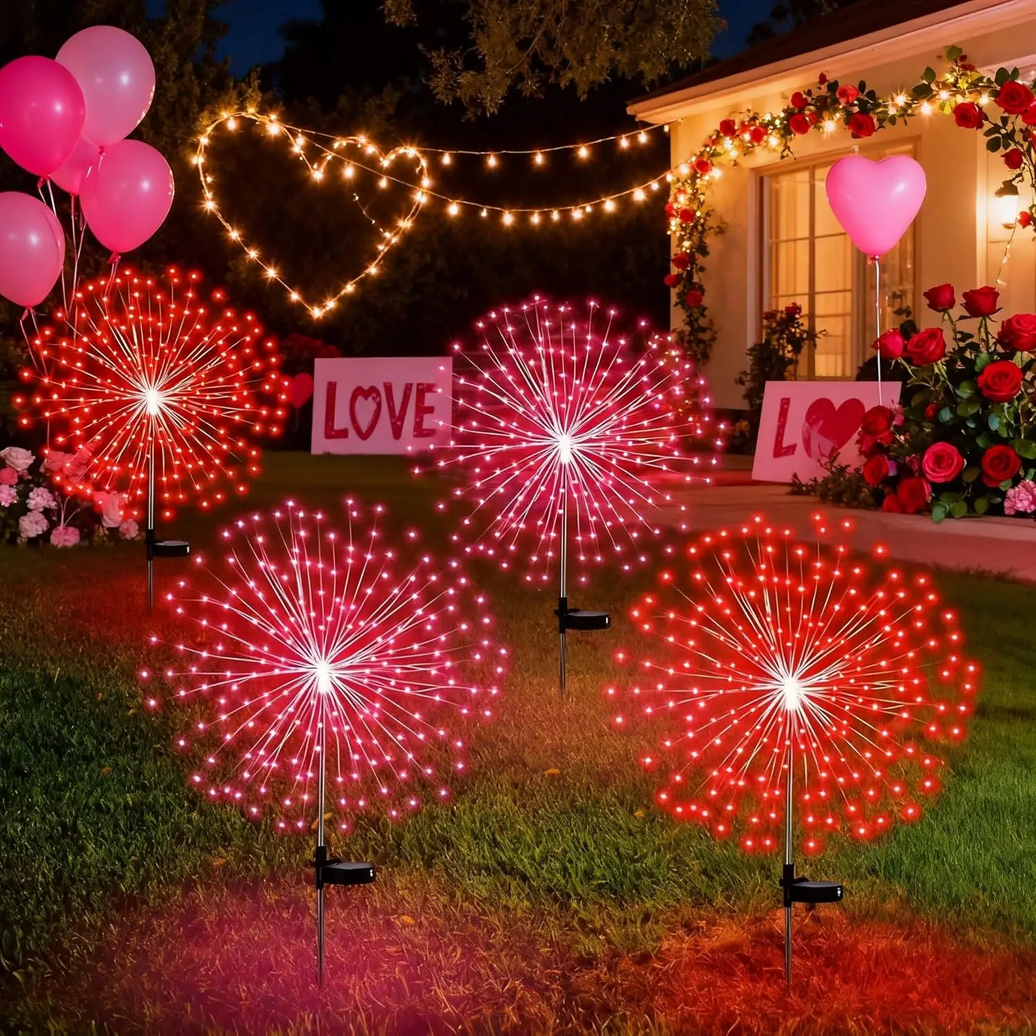 

Набор из 4 солнечных фейерверковых светильников ко Дню святого Валентина с 180 светодиодами, 8 режимами, водонепроницаемые, для декора садовых дорожек
