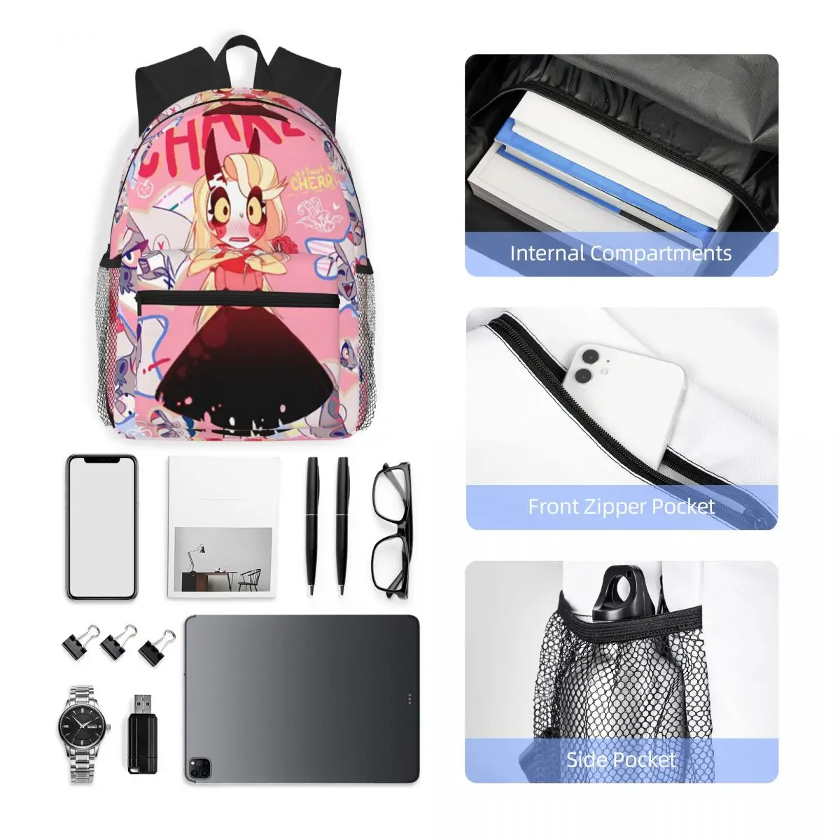 Charlie And Vaggie Valentines Hazbin Student Backpack School Bag Hiking Daypack for Boys Girls Fashion Bookbag Shoulder Bags