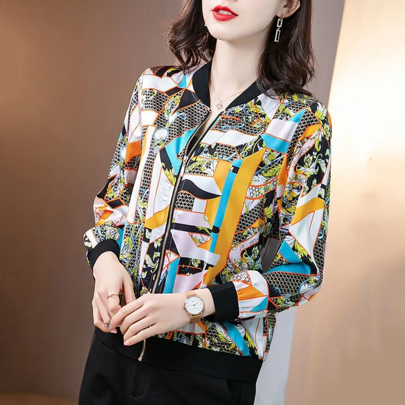 New Spring/Summer Fashion Trend Silk Short Round Neck Print Loose Versatile Large Casual Jacket Sunscreen Long Sleeve Coat