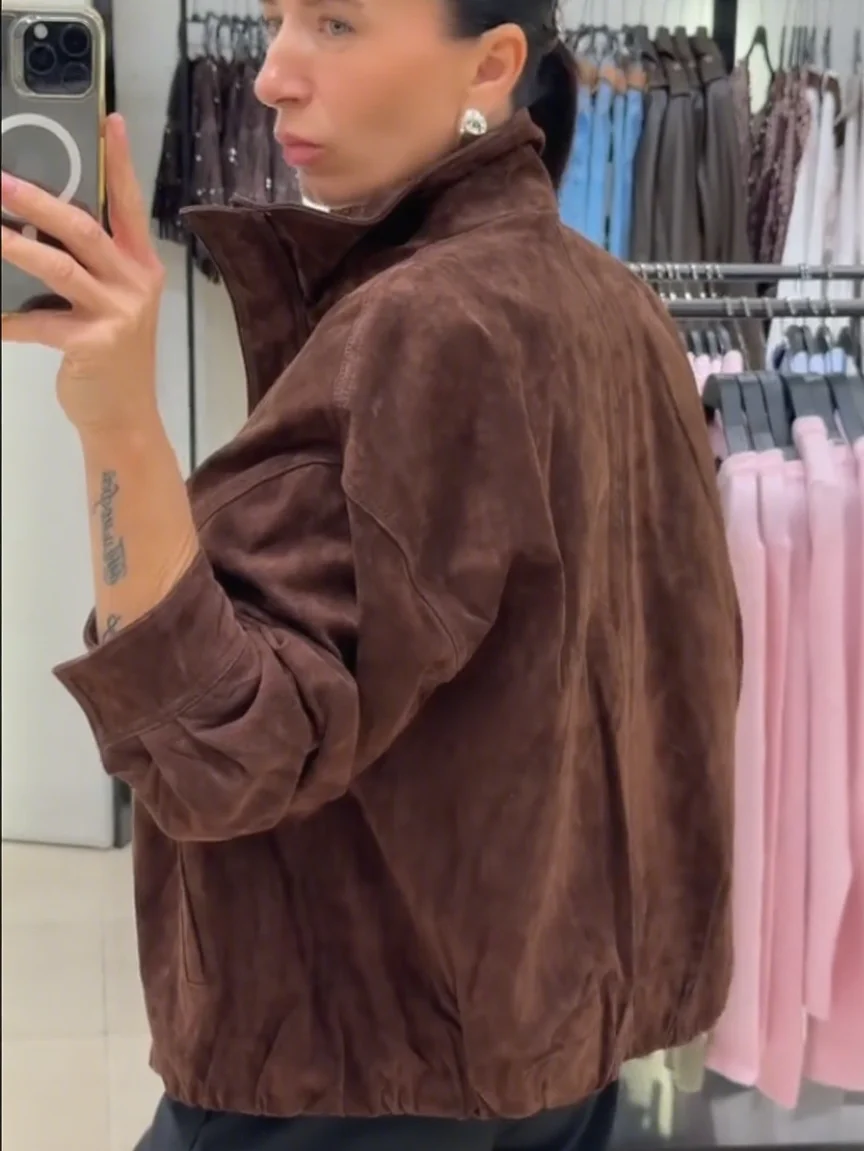 

Женские куртки-бомберы со стоячим воротником, замшевые кожаные новые пальто на молнии, весенне-осенние топы, модная повседневная верхняя одежда, женская одежда