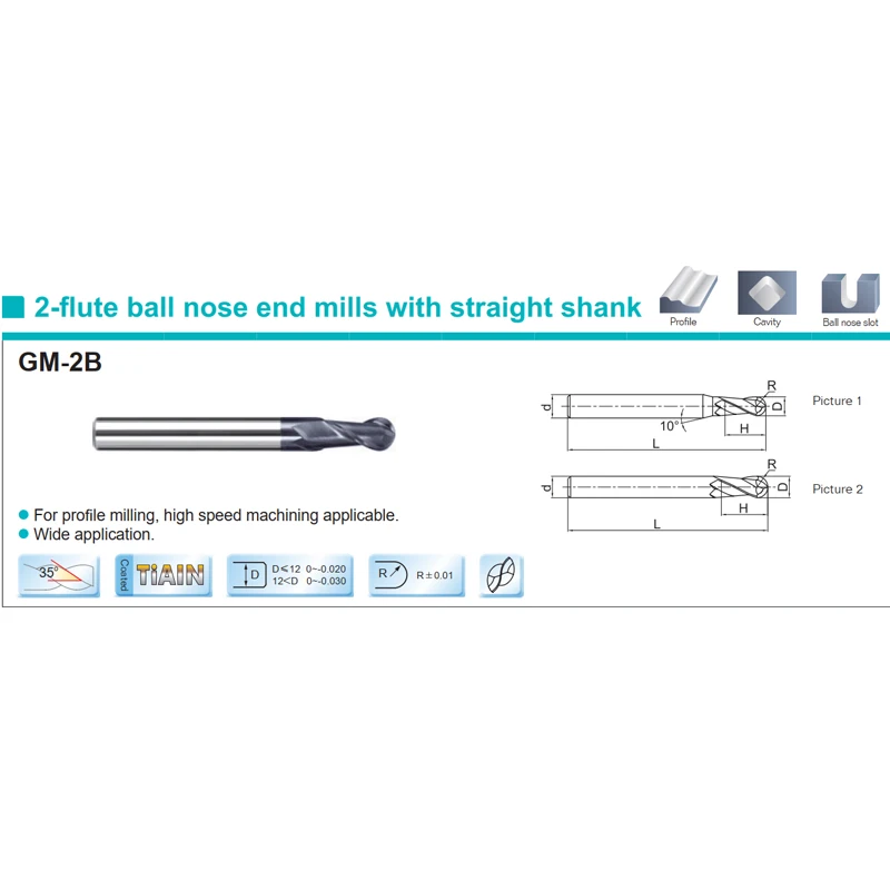 

GM-2B 2 flute ball nose end mills with TiAiN coating 4mm shank for profile milling,high speed machine applicable