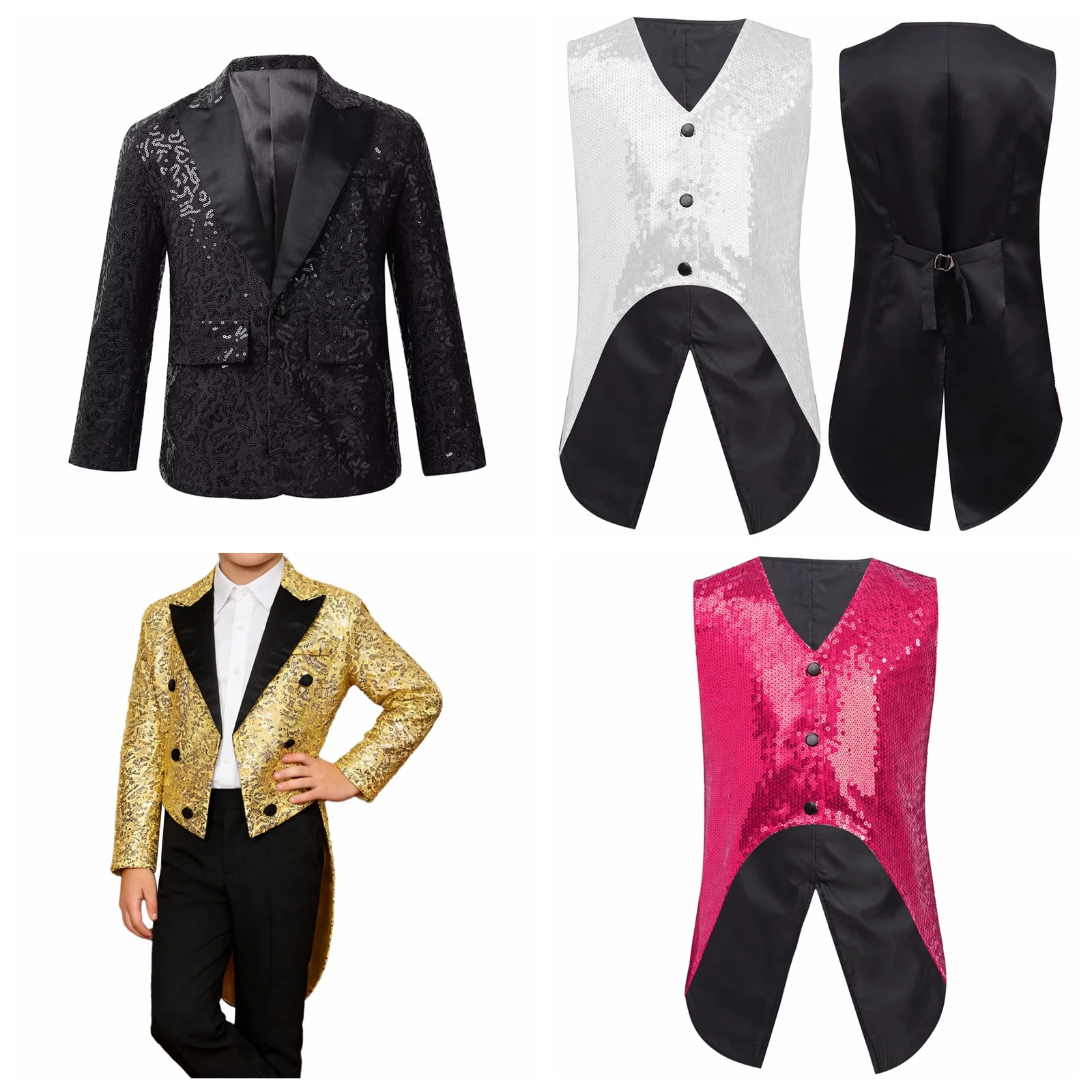 

Boys Magician Cosplay Sequin Tailcoat JacketCircus Outfit Classic Shiny Tuxedo Blazer Masquerade Party Magic Performance Costume