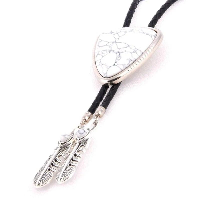 

Western Cowboy Vintage Triangular Natural Stone Bolo Tie Braided Leather Rope Necktie Feathered Pendant Jewelry Necklace