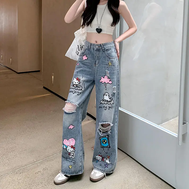 

Cute Kitten American Retro Cartoon Print Ripped Jeans Sweet Leisure Women's Pants New High Waist Comfort Soft Wide Leg Pants