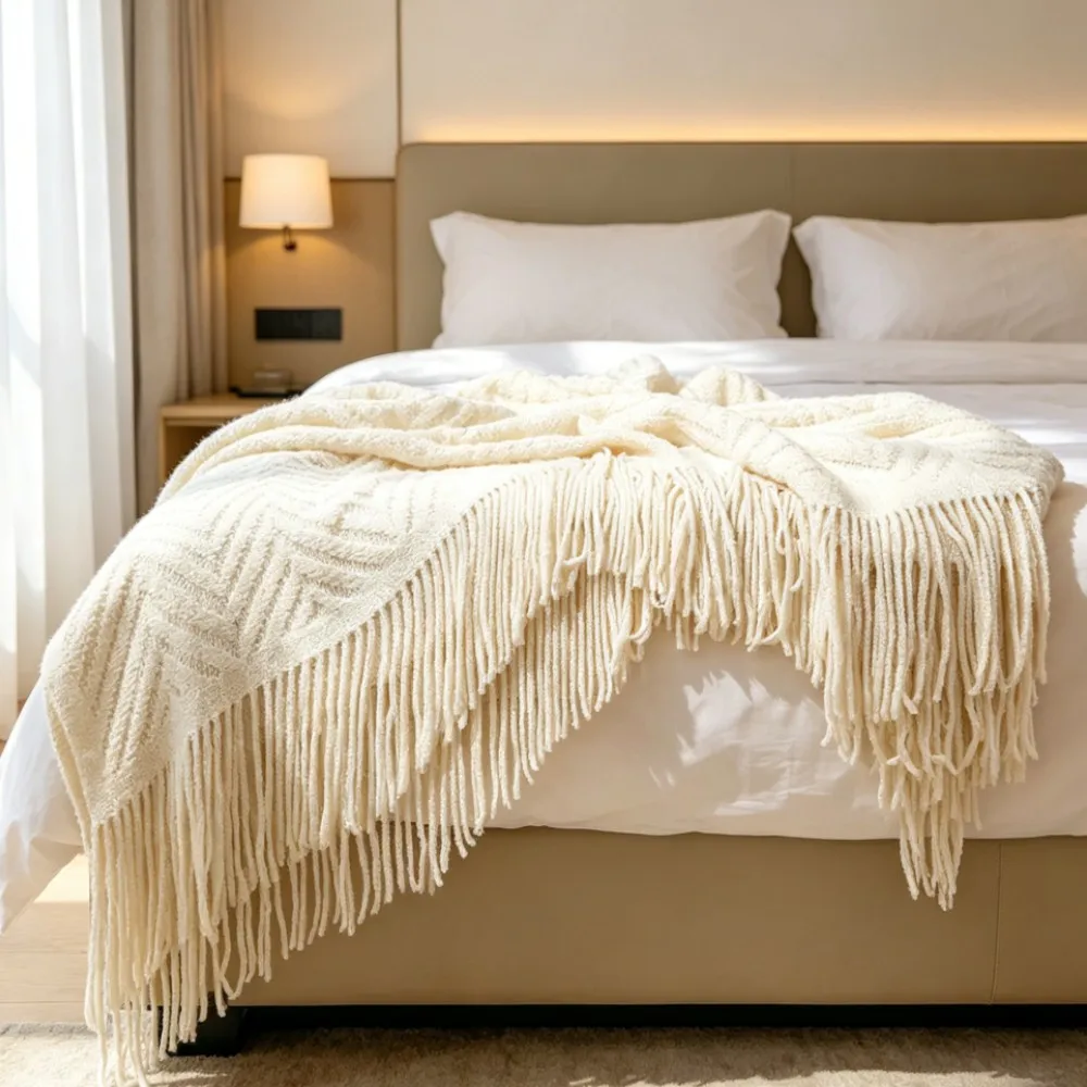 Luxury Chunky Cream Throw Blanket Soft Cozy Cable Knitted with Tassels All-Season Nordic Home Decor Blanket Gift