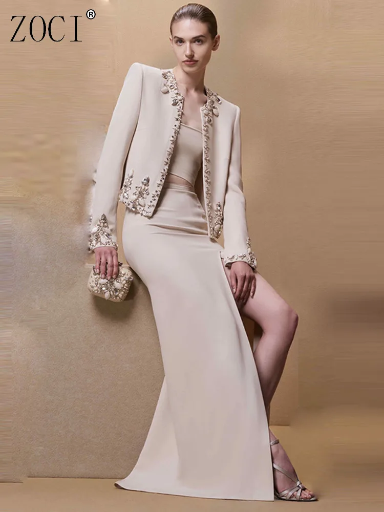 

ZOCI женский утягивающий комплект из двух предметов для женщин, топ с круглым вырезом и длинными рукавами, юбка с разрезом и высокой талией, элегантные комплекты, женская мода, новинка