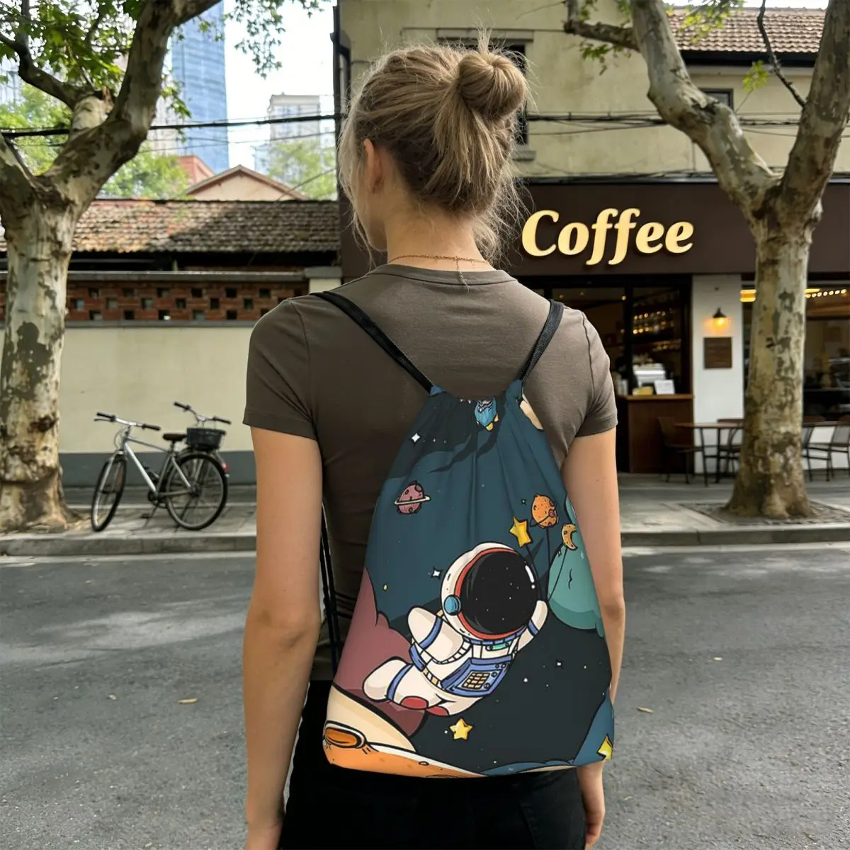 Cartoon Astronaut Themed Backpacks Portable Drawstring Bags Sports Bag Book Bags for Man Woman Students