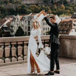 Elegant Mermaid Wedding Dresses Women Long Sleeve Open Back V-Neck Split Simple Bridal Gown Train Vestidos De Noiva Customized
